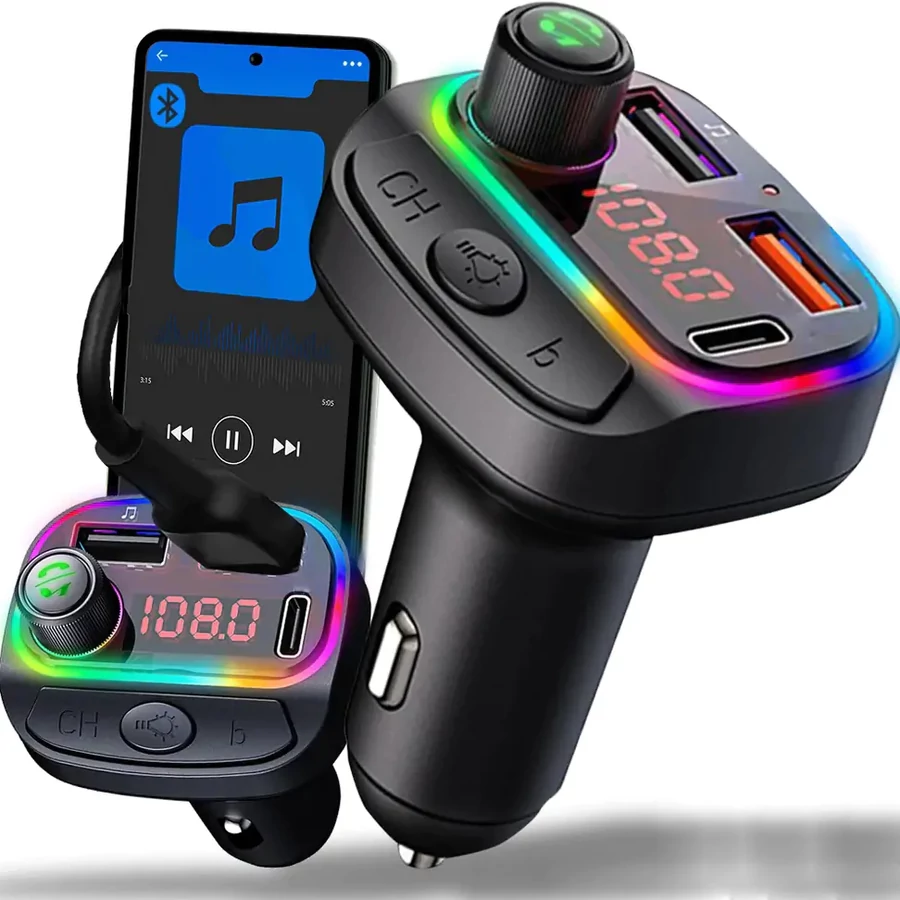  HT FM transzmitter, iOS és Android bluetooth 5.0 kompatibilis, RGB világítás, autós töltő, 2x usb + usb-c akciós termékkép 1