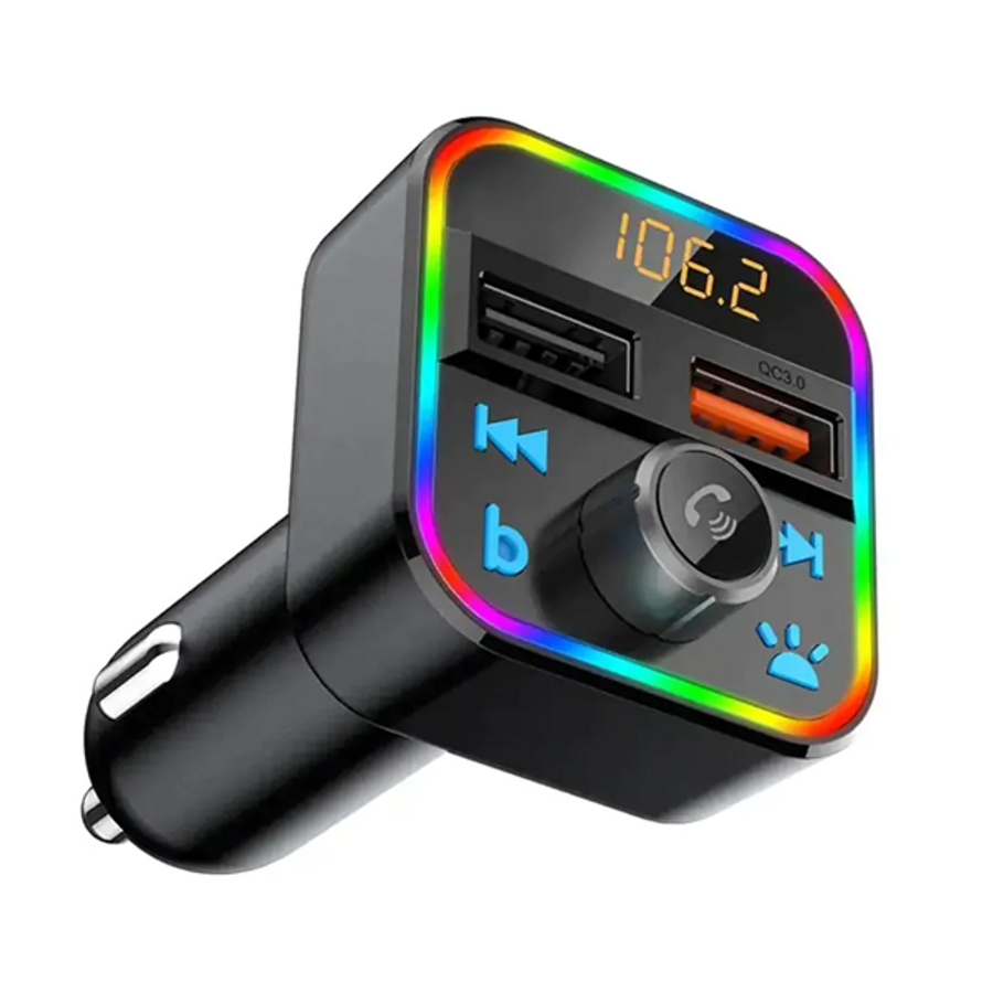  FM BT transmitter és kihangosító, MP3, microSD, 2 db USB bemenettel, RGB világítással akciós termékkép 1